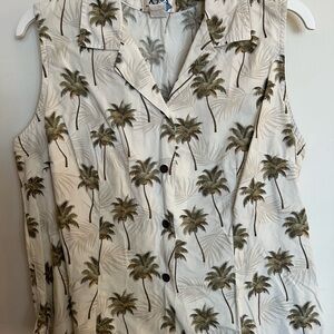 Palm Print Sleeveless Button-Up Top